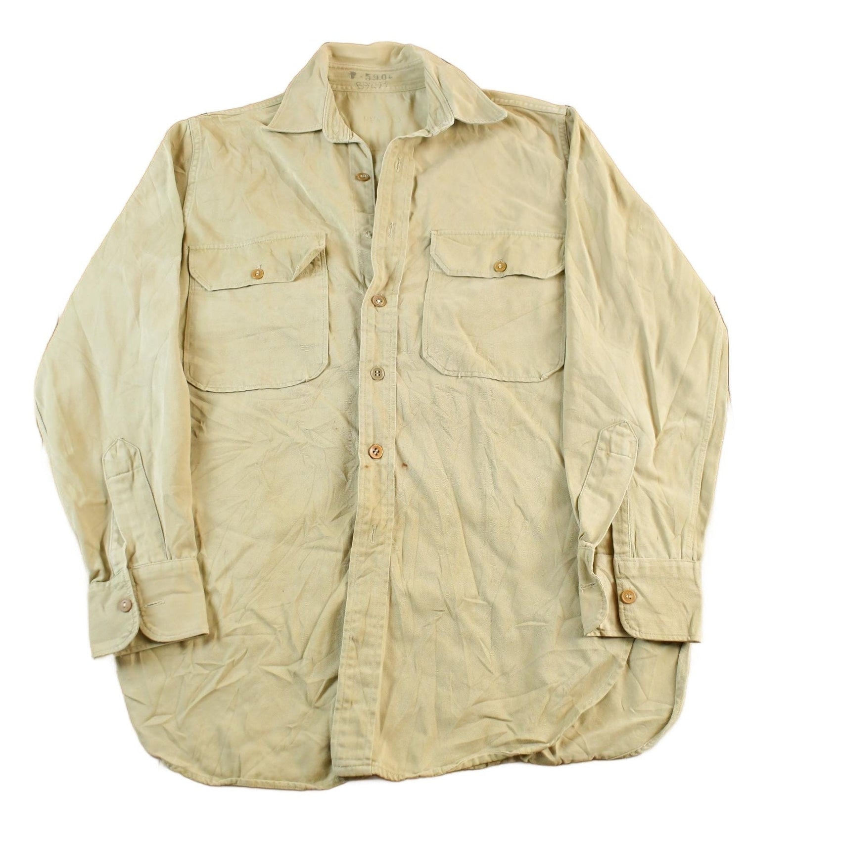 Other Clothing > Men's Clothing > Shirts & Tees > Oxfords & Button Downs Vintage 1950s Military Khaki Button Up Shirt Men's Large