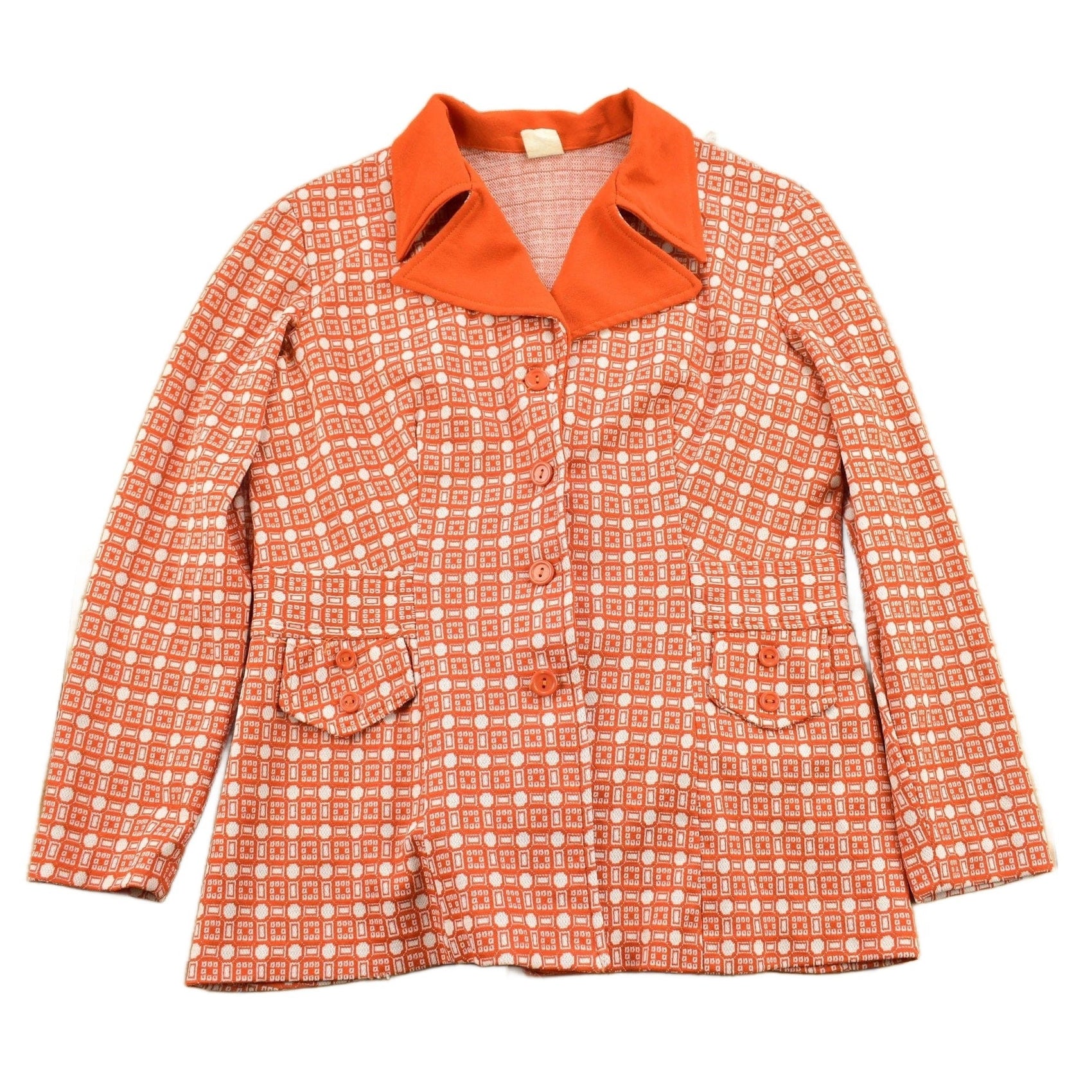 Other Clothing > Men's Clothing > Shirts & Tees > Oxfords & Button Downs Vintage 1960s Orange Geo Metric Pattern Button Up Overcoat Women's M
