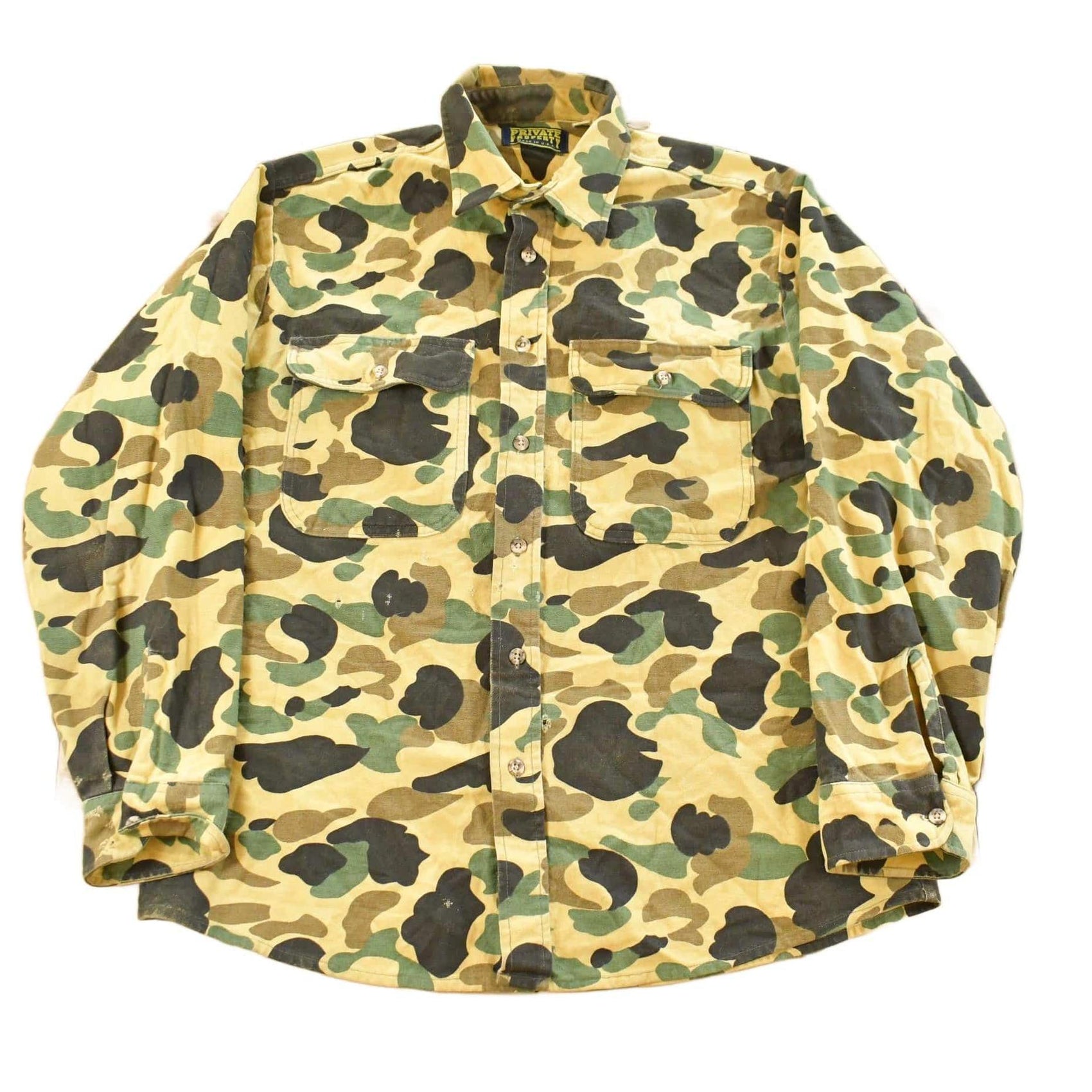 Other Clothing > Men's Clothing > Shirts & Tees > Oxfords & Button Downs Vintage 1980s Private Property Duck Camo Cloth Button Up Shirt Men's Large