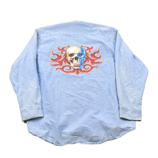 Other Clothing > Men's Clothing > Shirts & Tees > Oxfords & Button Downs Vintage 1990s Jerzees Skull Back Print Denim Button Up Shirt Men's XL