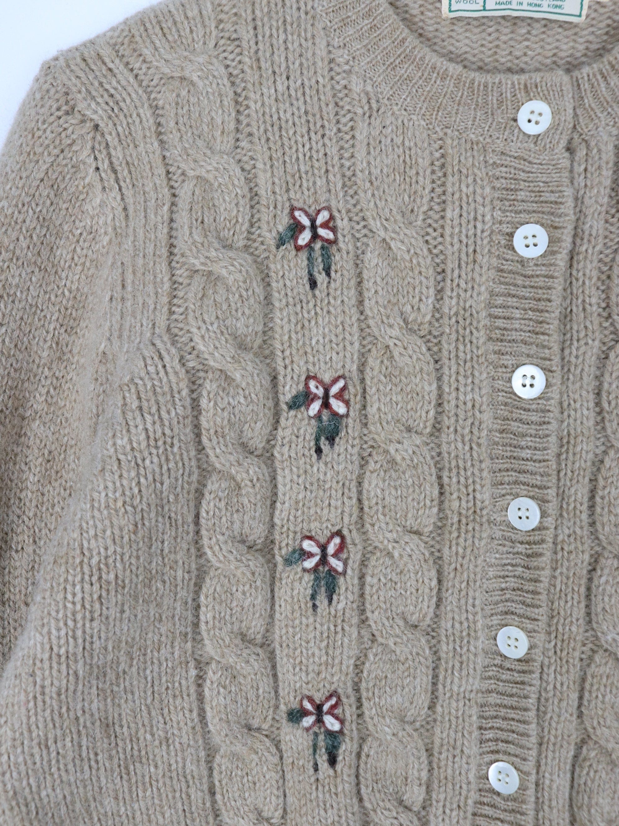 Vintage L.L. Bean Sweater Fits Womens Small Brown Wool Knit Cardigan Floral