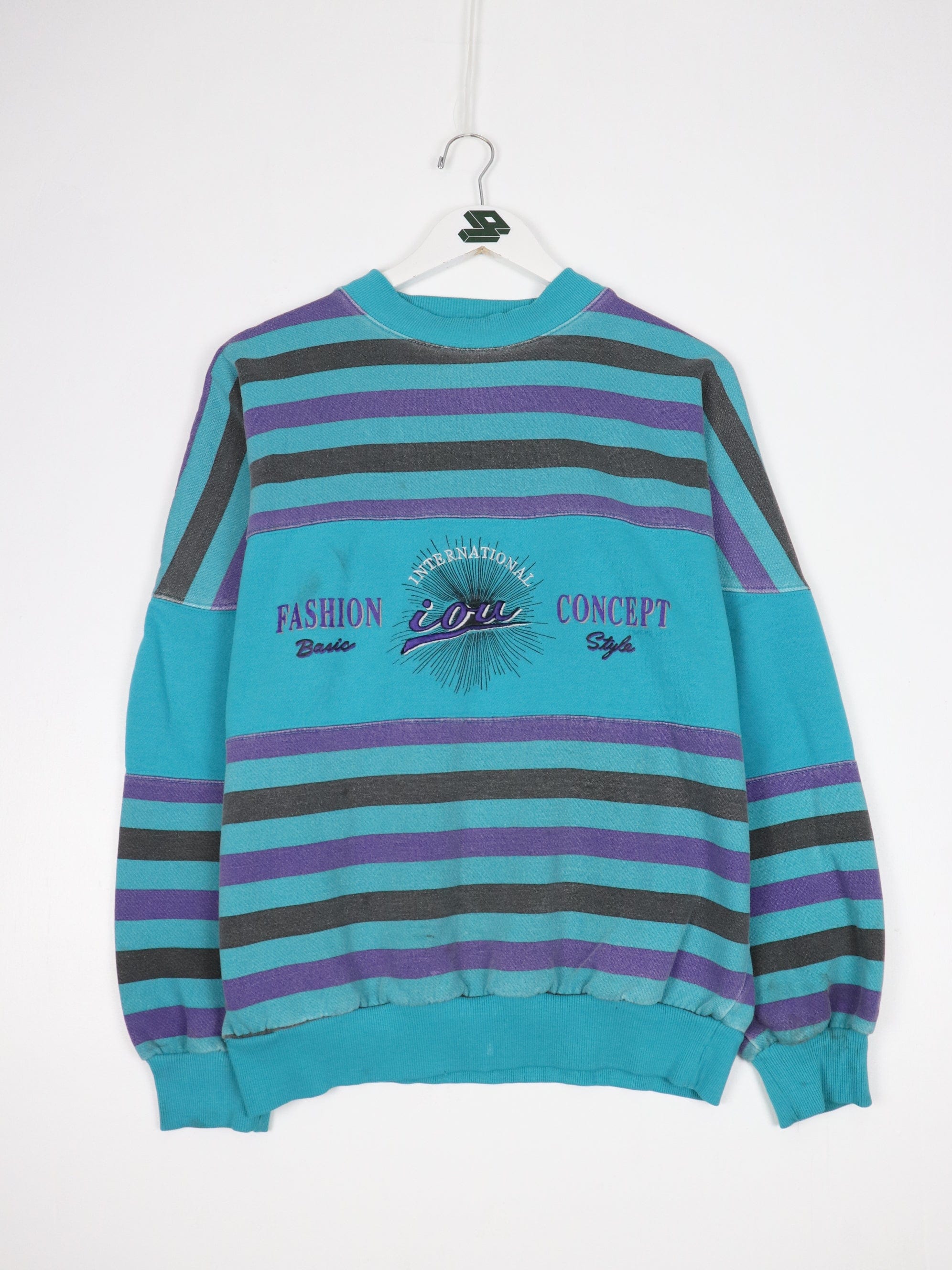 Vintage I.O.U. Sweatshirt Mens Medium Blue Striped Sweater Proper Vintage