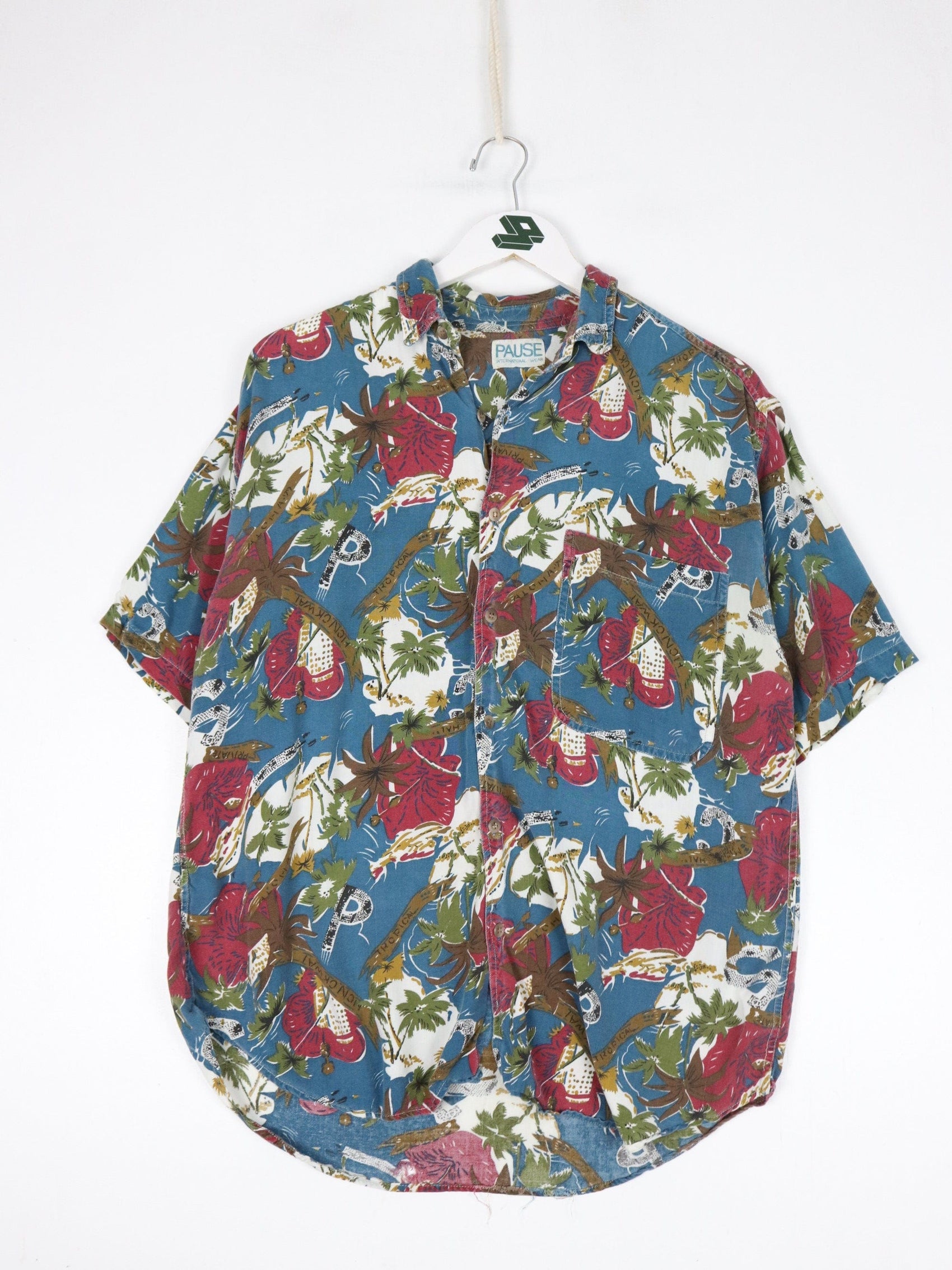 Pause International Wear Shirt Mens Medium Blue Button Up Hawaiian Floral