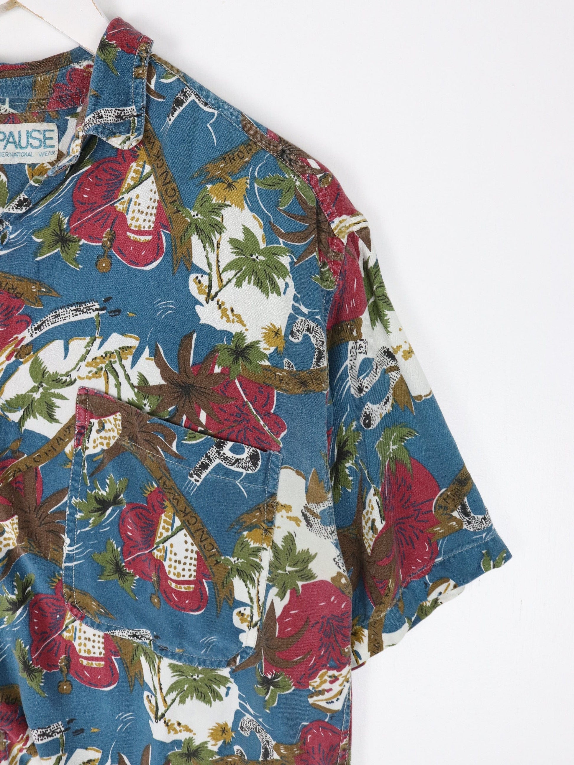 Pause International Wear Shirt Mens Medium Blue Button Up Hawaiian Floral from propervintagecanada