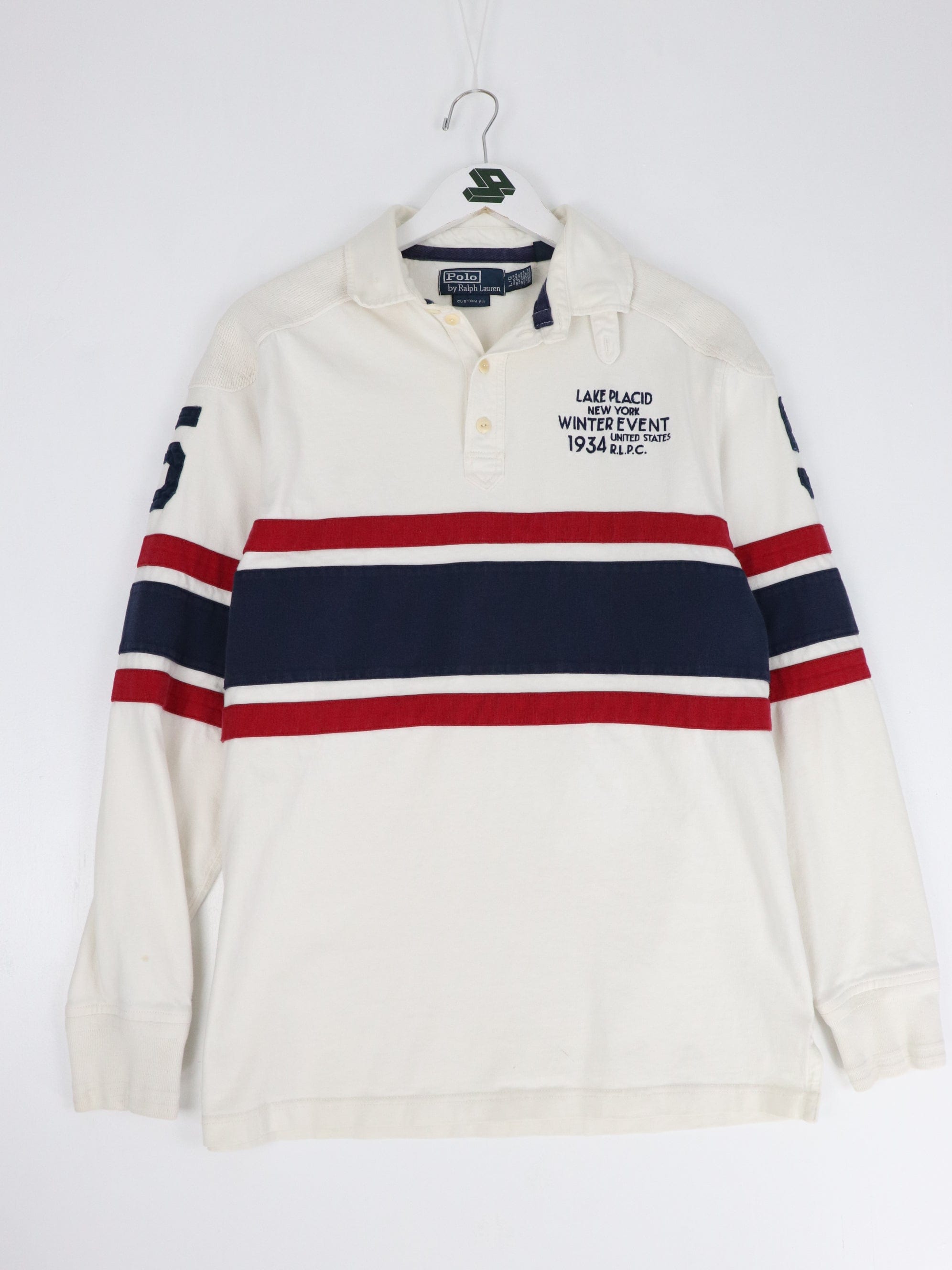 Vintage Ralph Lauren Polo Rugby Shirt Mens Large White Lake Placid