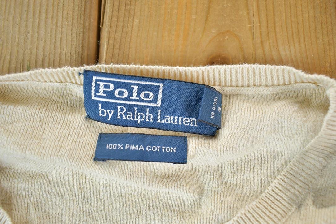 Polo Clothing > Gender Neutral Adult Clothing > Hoodies & Sweatshirts > Sweatshirts Vintage 1990s Polo By Ralph Lauren 100% Pima Cotton Knit Tan Crewneck Sweater Men's XL