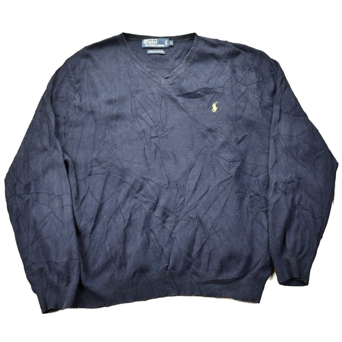 Polo Clothing > Gender Neutral Adult Clothing > Hoodies & Sweatshirts > Sweatshirts Vintage 1990s Polo Ralph Lauren Navy Blue V-neck Knit Sweatshirt Men's Medium