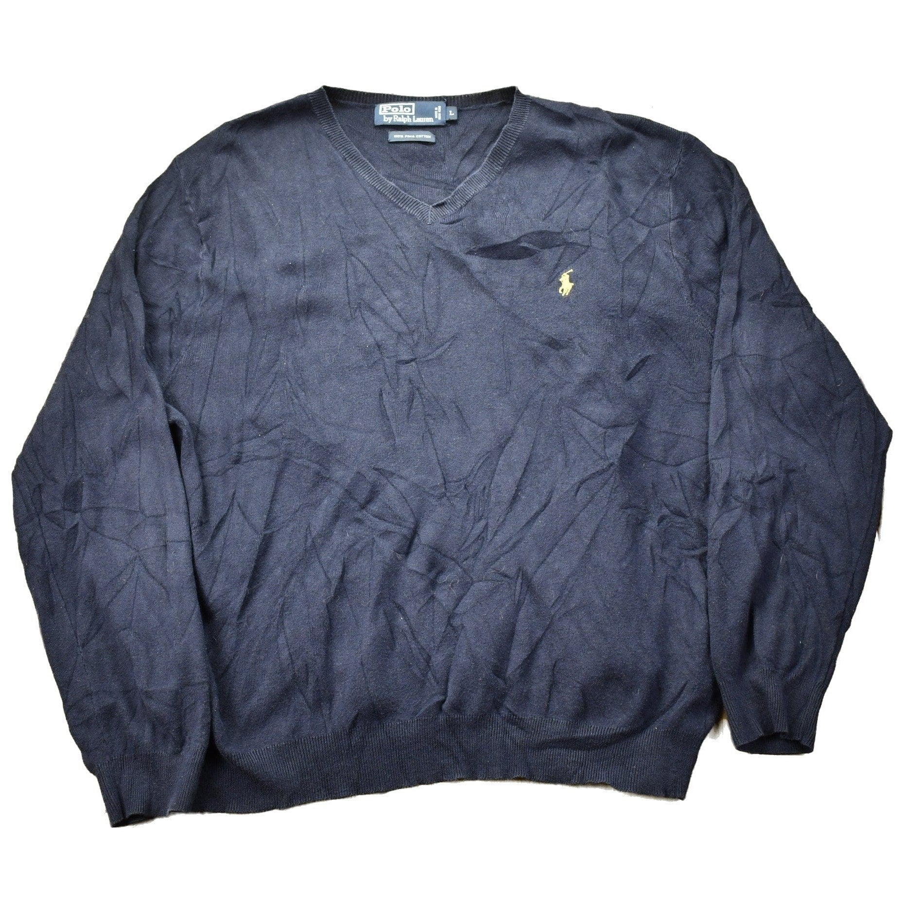 Polo Clothing > Gender Neutral Adult Clothing > Hoodies & Sweatshirts > Sweatshirts Vintage 1990s Polo Ralph Lauren Navy Blue V-neck Knit Sweatshirt Men's Medium