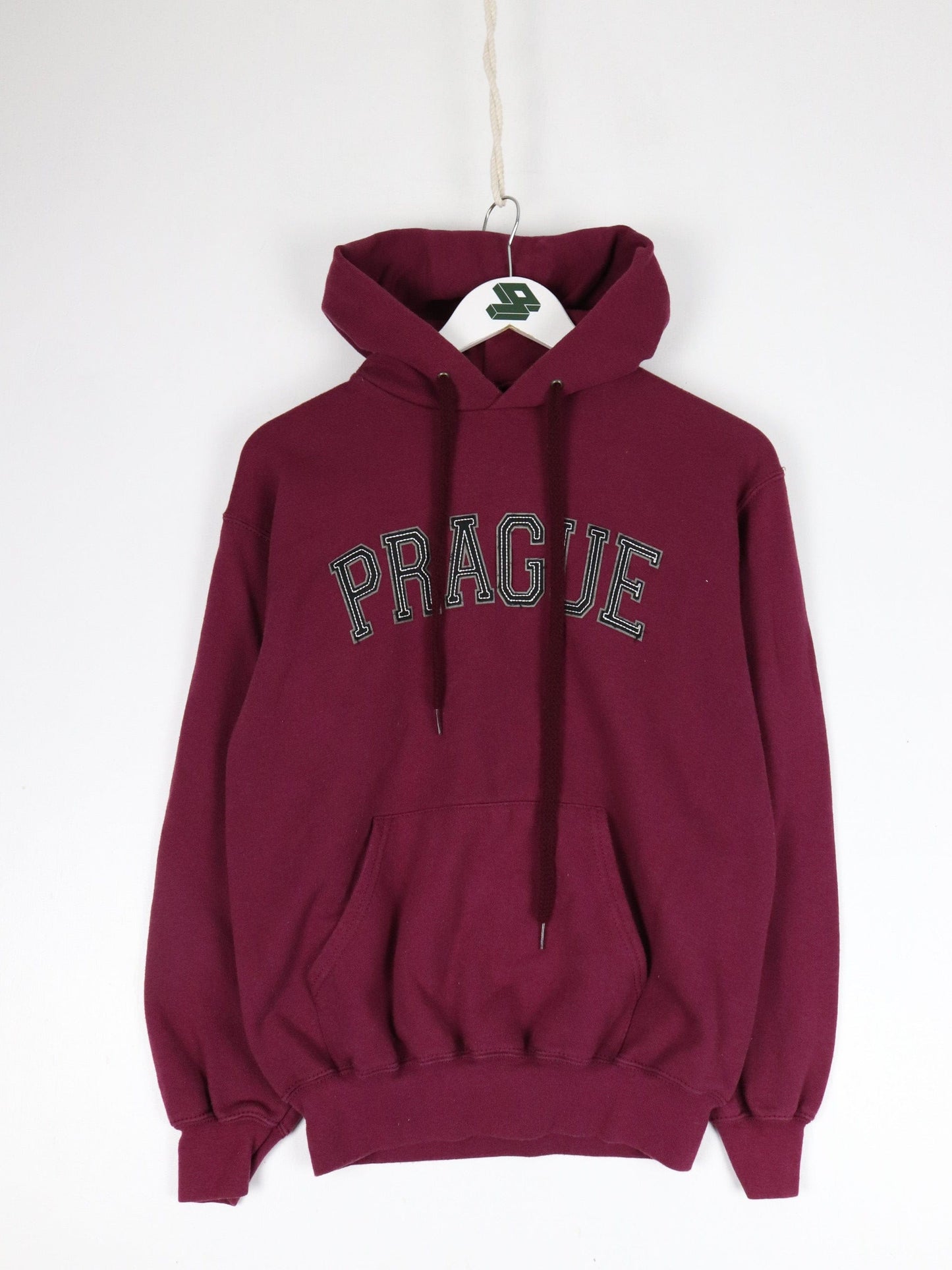 Prague Sweatshirt Mens Small Red Hoodie Spell Out from propervintagecanada