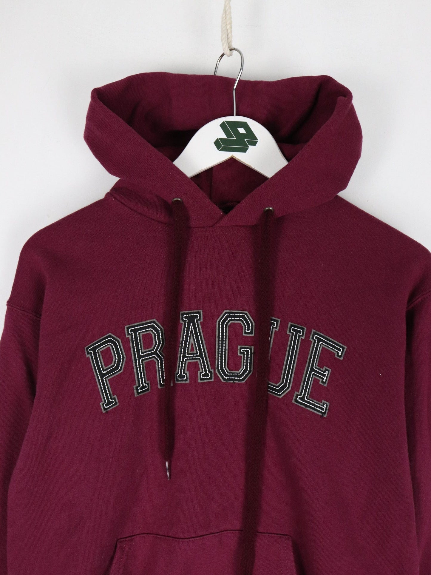 Prague Sweatshirt Mens Small Red Hoodie Spell Out from propervintagecanada