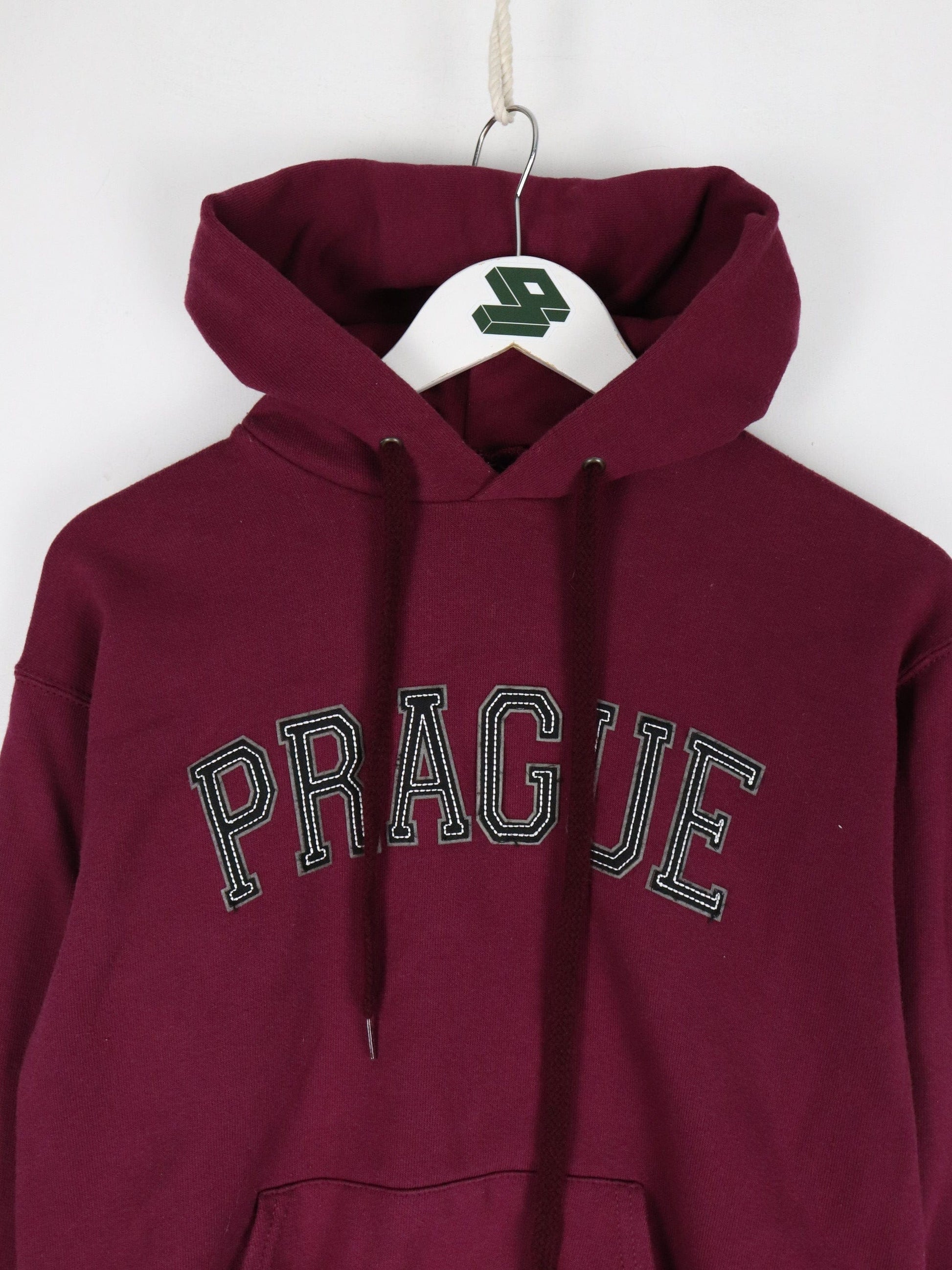 Prague Sweatshirt Mens Small Red Hoodie Spell Out from propervintagecanada