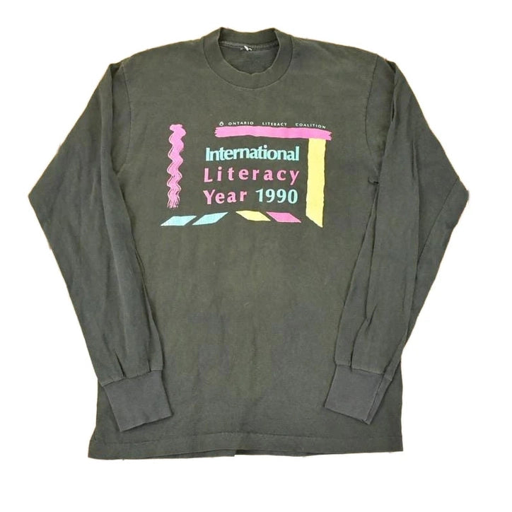 Vintage 1990 International Literacy Year Graphic Print Crewneck Shirt Men's M