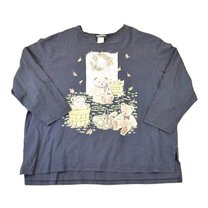 Vintage 1990s Fashion Bug Cute Teddy Bear Picnic Graphic Print Long Sleeve T Shirt Women's XXL