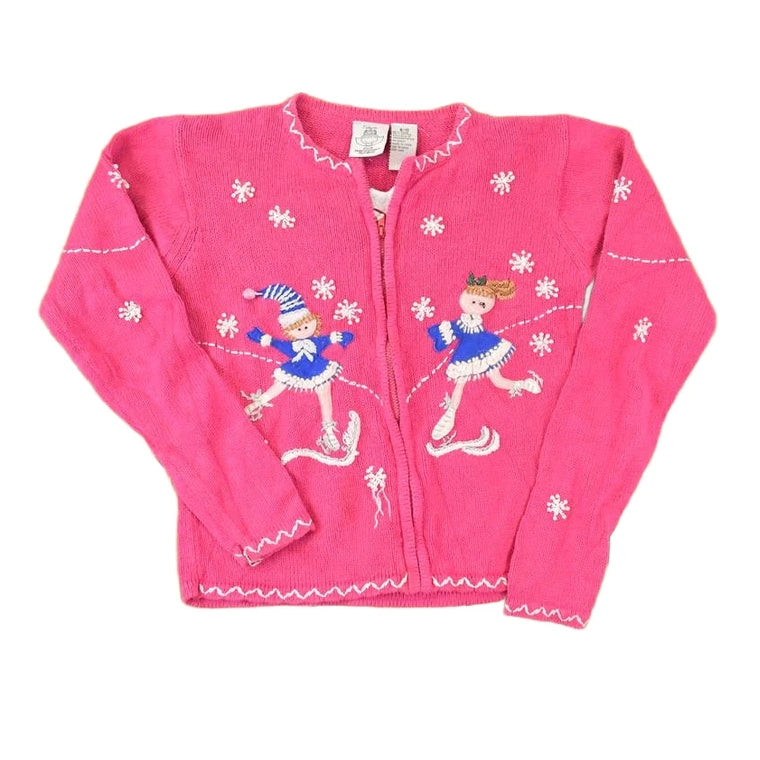 Vintage 1990s Tiara Girls Knit Cardigan Embroidered Skating Sweater Youth L