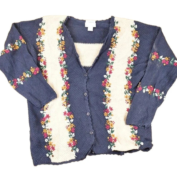 Vintage 1990s Christopher & Banks Hand Embroidered Floral Knit Cardigan Sweater Womens L