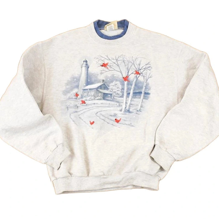Vintage 1990s Top Stitch Embroidered Cardinal Winter Theme Double Collar Crewneck Sweatshirt Women's L