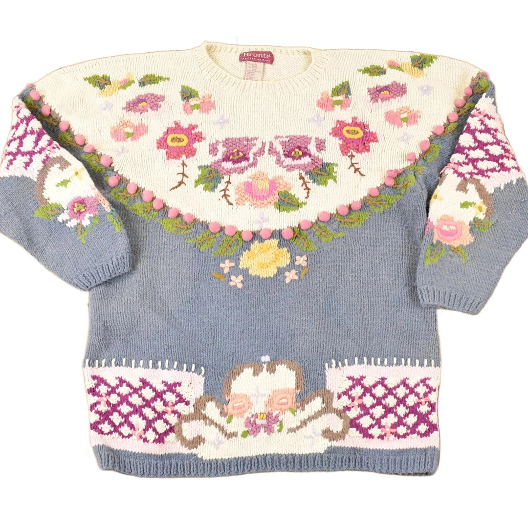 Vintage 1990s Bronte Hand Knit Floral Crewneck Sweater Womens S