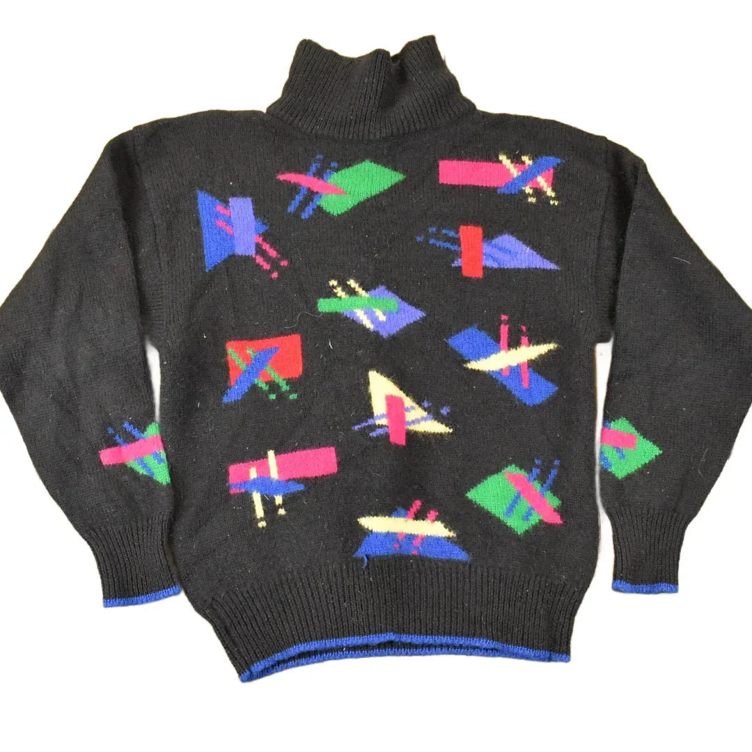 Vintage 1980s Aston Abstract Wool Knit Turtleneck Sweater Mens S from propervintagecanada