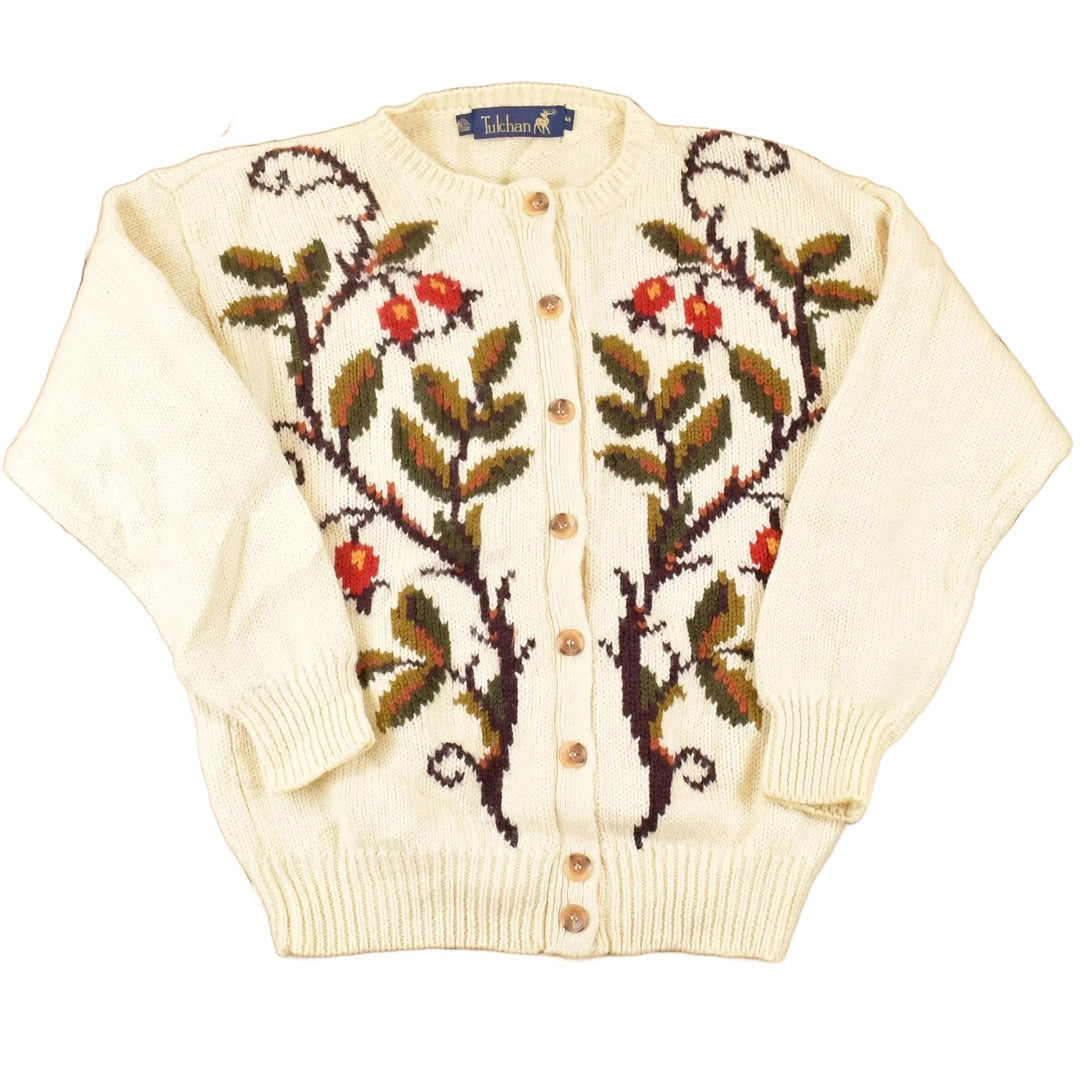 Vintage 1990s Tulchan Floral Abstract Wool Knit Cardigan Sweater Women's M