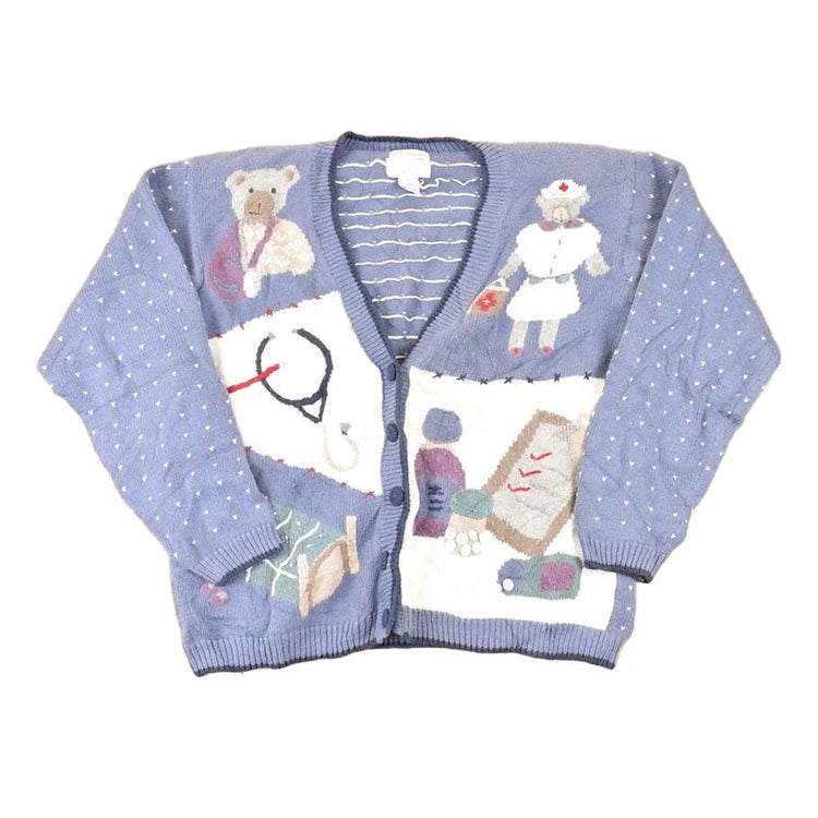 Vintage 1990s Christopher & Banks Teddy Bear Hand Embroidered Knit Cardigan Sweater Women's M