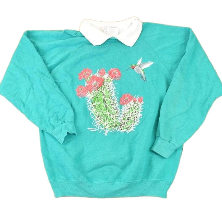 Vintage 1990s Morning Sun Hummingbird Graphic Print Collared Sweatshirt Women's L