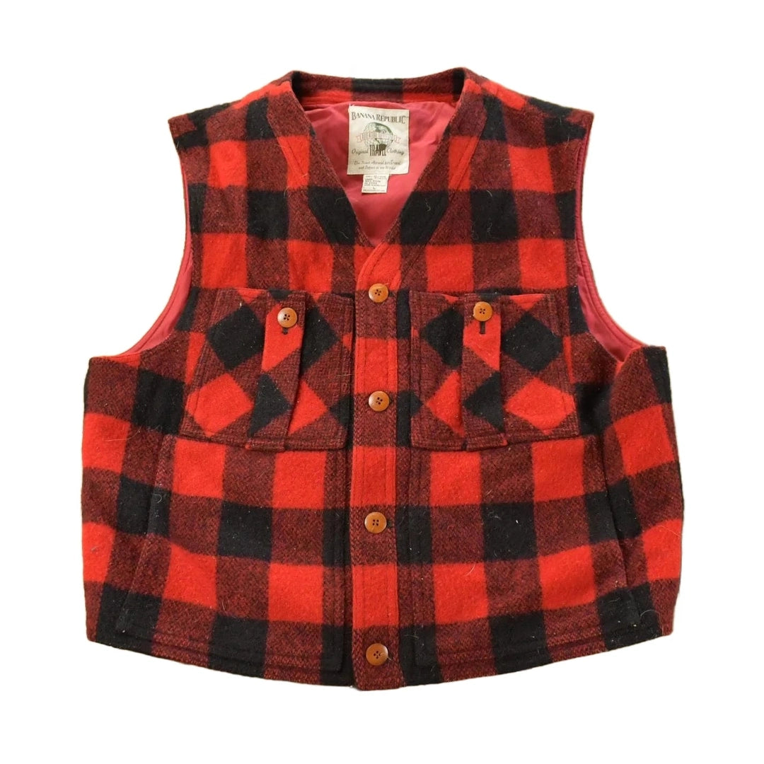 Vintage 1990s Banana Republic Wool Buffalo Plaid Snap On Vest Jacket Men's Medium