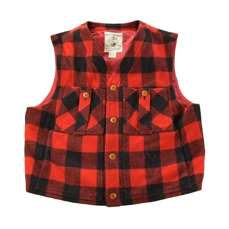 Vintage 1990s Banana Republic Wool Buffalo Plaid Snap On Vest Jacket Men's Medium