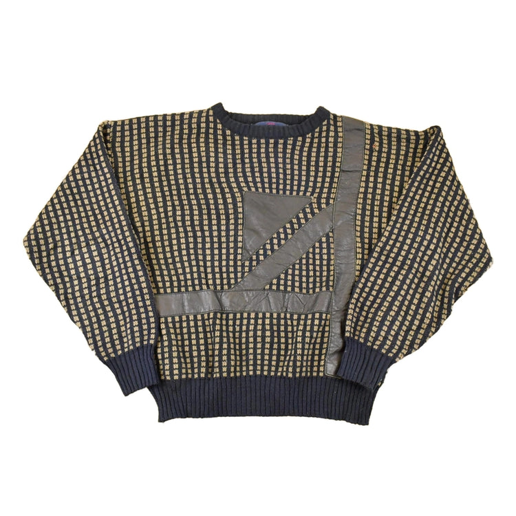 Vintage 1980s Desonos Leatherette Patch Abstract Knit Crewneck Sweater Mens M