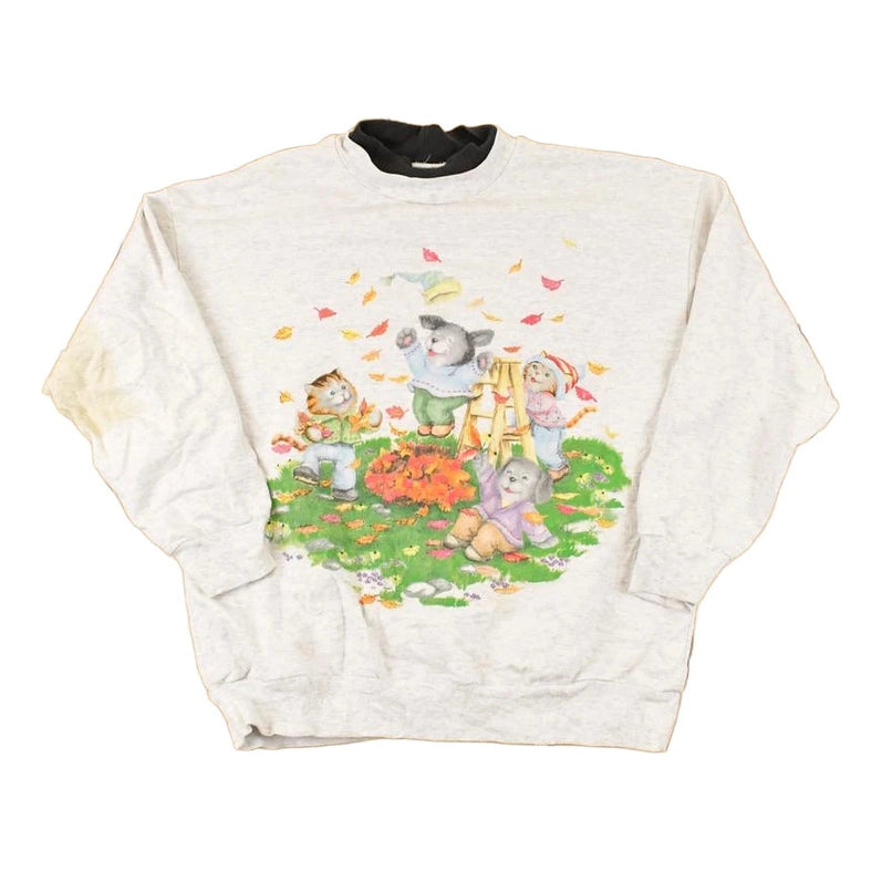 Vintage 1990s Cute Fall Cartoon Puppy Double Collar Graphic Print Crewneck Sweatshirt Womens L