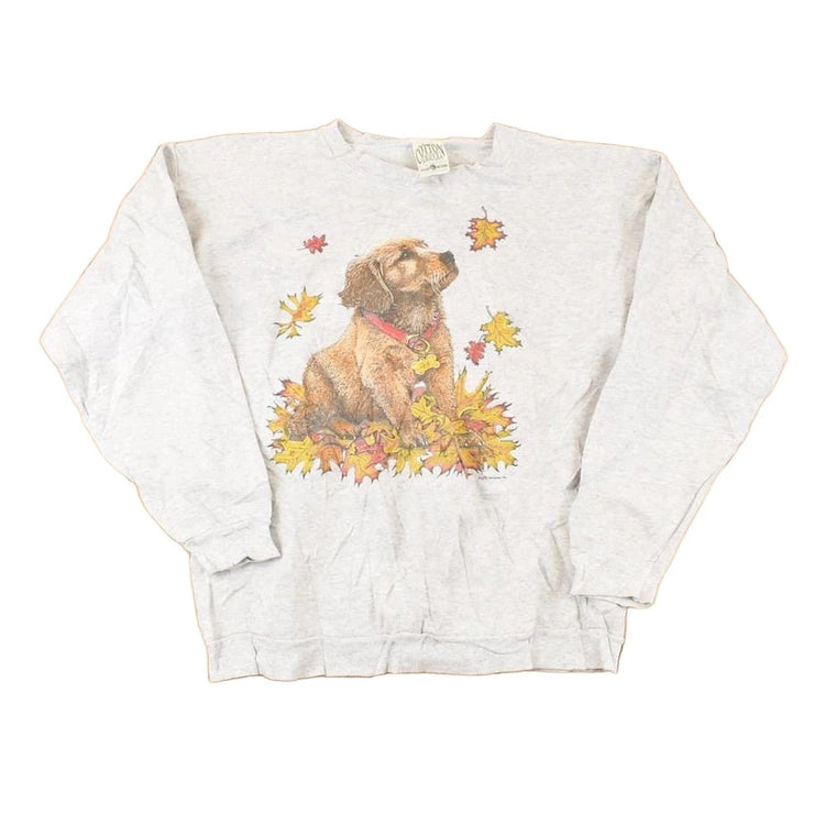 Vintage 1990s Golden Retriever Fall Puppy Graphic Print Crewneck Sweatshirt Womens L