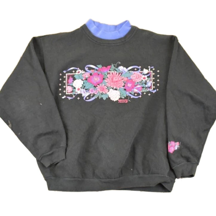 Vintage 1990s Morning Sun Floral Theme Graphic Print Double Collar Crewneck Sweatshirt Womens L