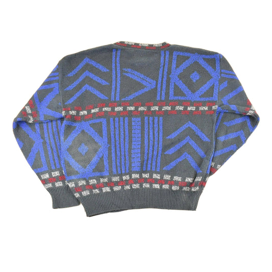Vintage 1990s K Cosa Leather Patch Abstract Knit Crewneck Sweater Men's L
