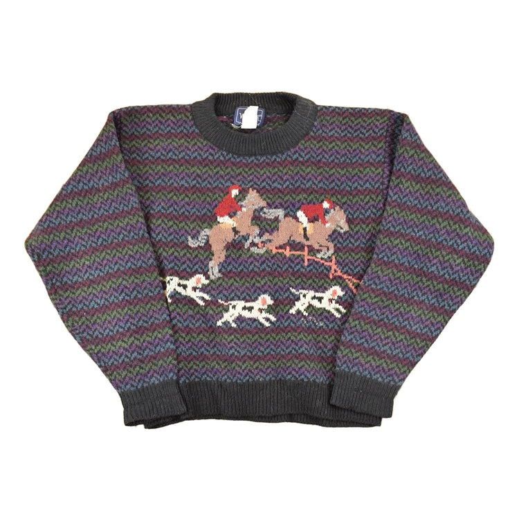 Vintage 1990s The Woolrich Women Jumping Horses Wool Knit Crewneck Sweater Women's L