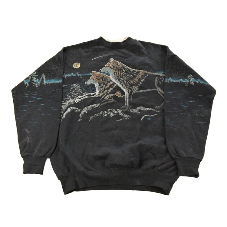 Vintage 1990s Artisans Wolf Graphic Henley Crewneck Sweatshirt Mens Large
