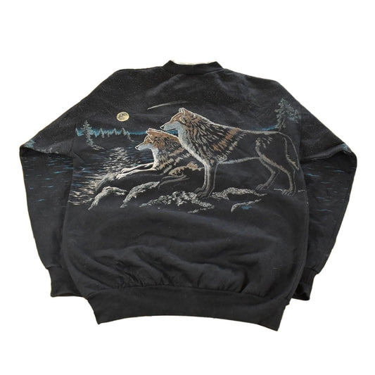 Vintage 1990s Artisans Wolf Graphic Henley Crewneck Sweatshirt Mens Large