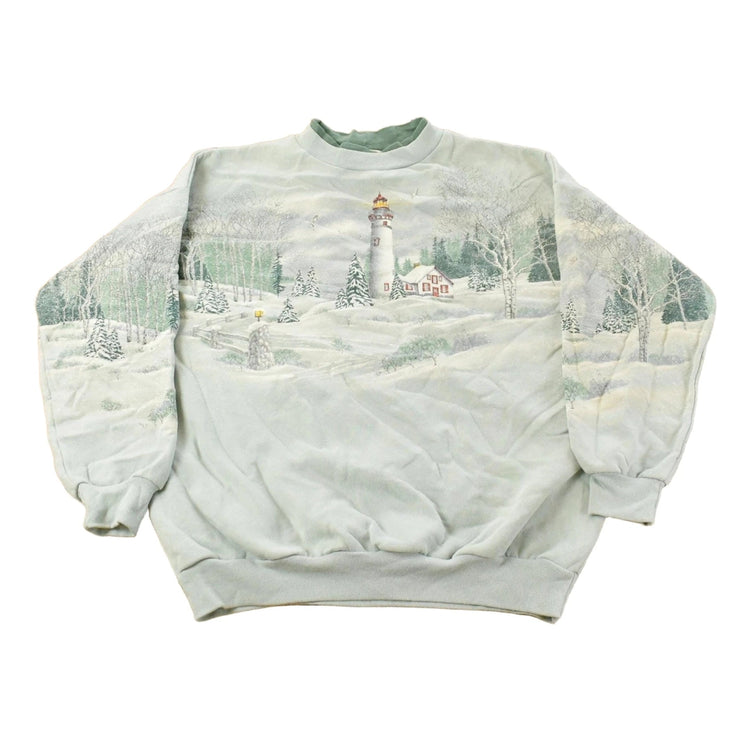 Vintage 1990s Winter Lighthouse All Over Print Crewneck Sweatshirt Men's Large
