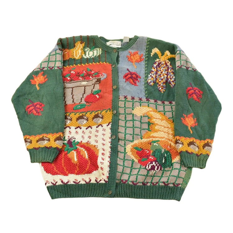 Vintage 1990s Hand Knitted Autumn Theme North Isle Cardigan Sweater Women's L