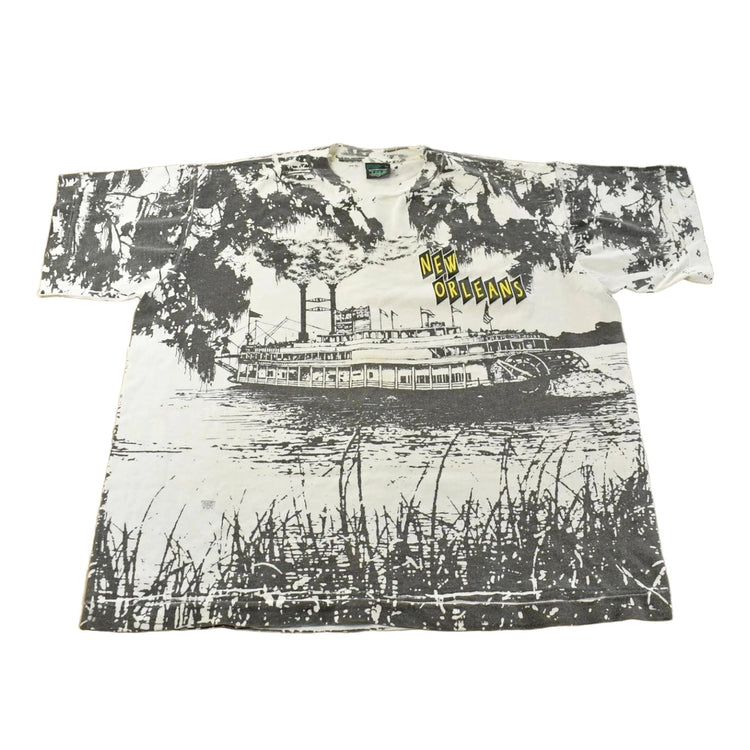 Vintage 1990s New Orleans Mississippi River Boat All Over Print T-Shirt Men's L