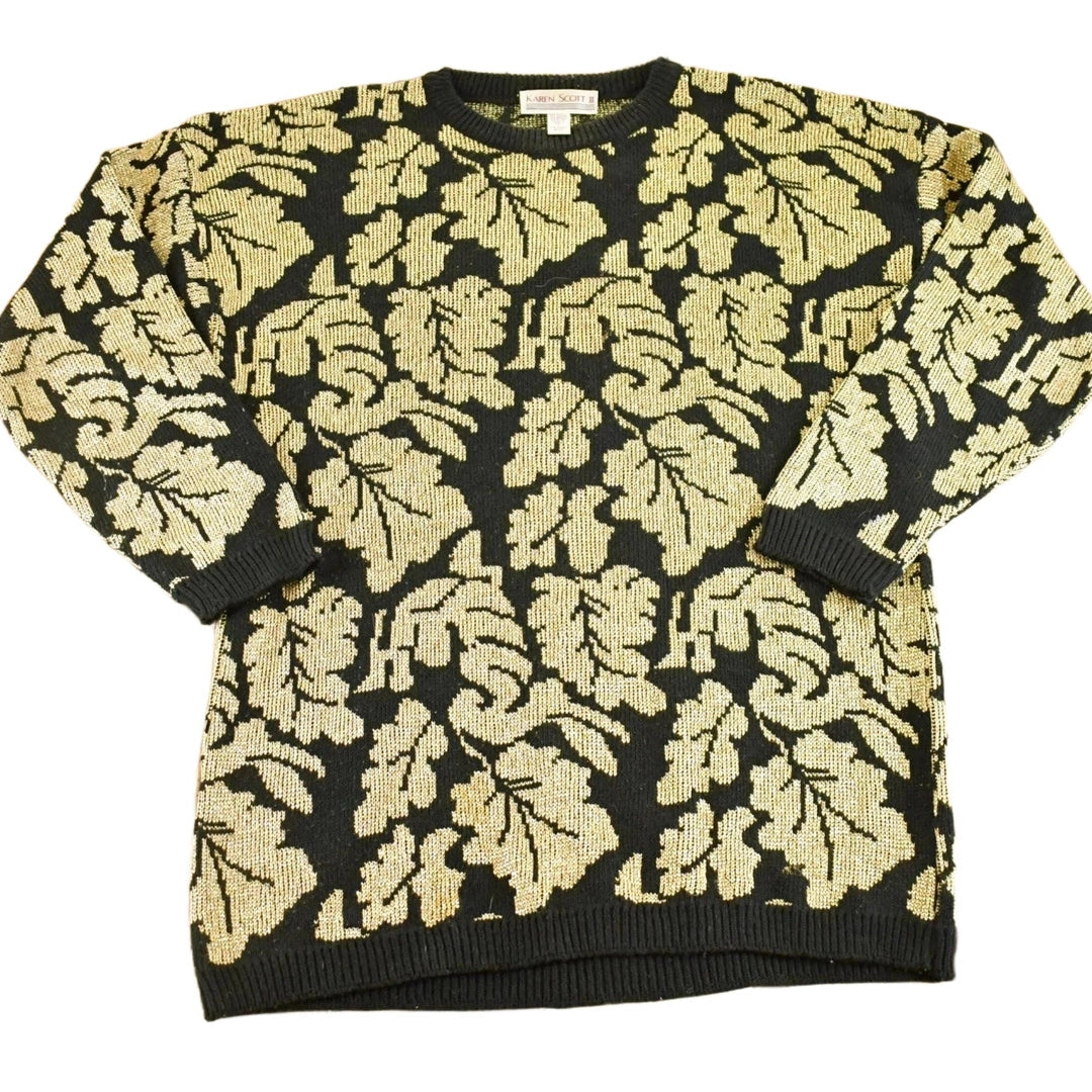 Vintage 1990s Karen Scott AOP Leaf Pattern Knit Crewneck Sweater Women's XL