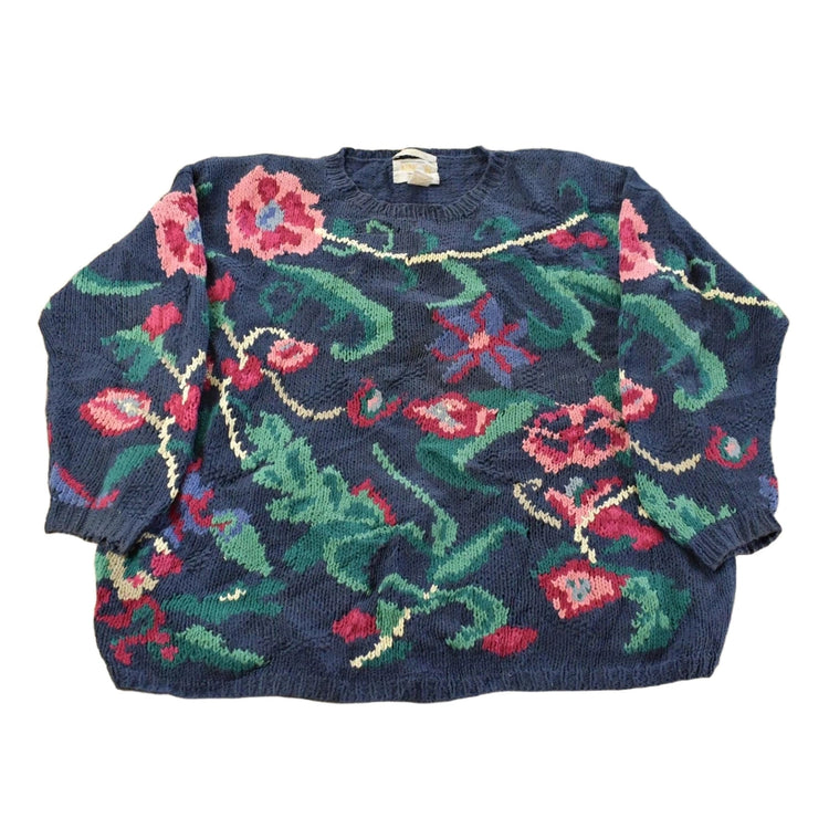 Vintage 1990s Ninon Floral Knit Crewneck Sweater Women's L