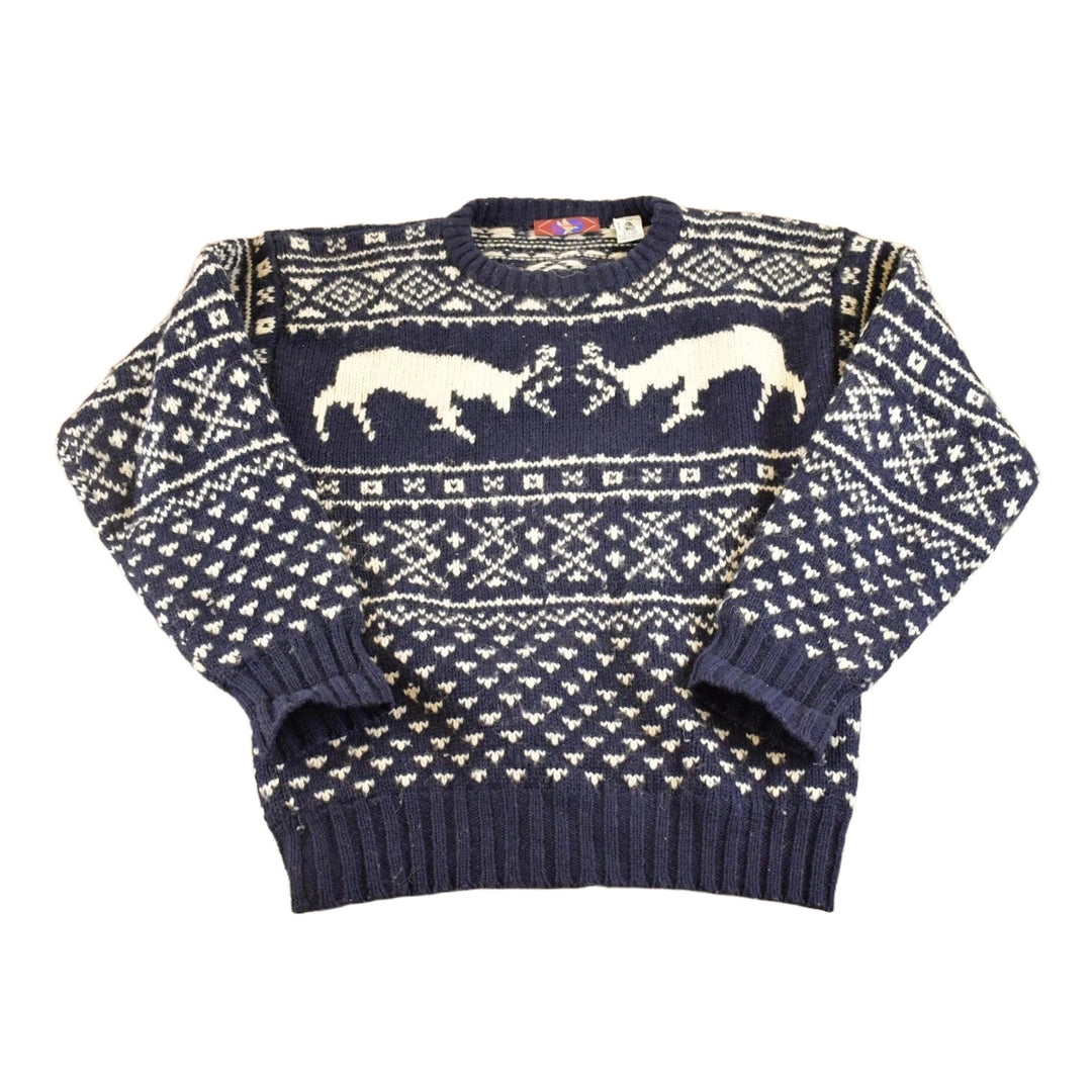 Vintage 1980s Canvasback Bay AOP Fighting Buck Wool Knit Crewneck Sweater Women's M