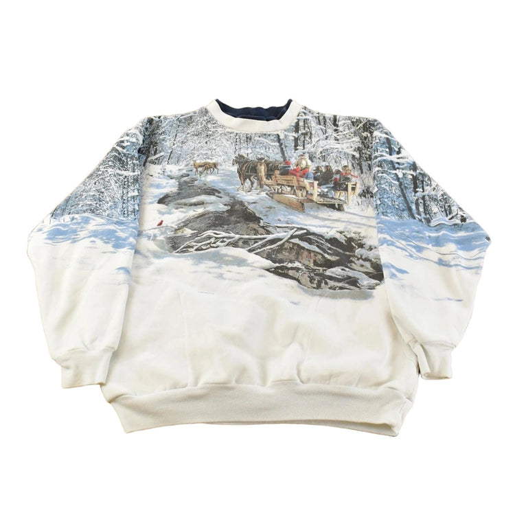 Vintage 1990s Art Unlimited Winter Landscape AOP Crewneck Sweatshirt Men's M