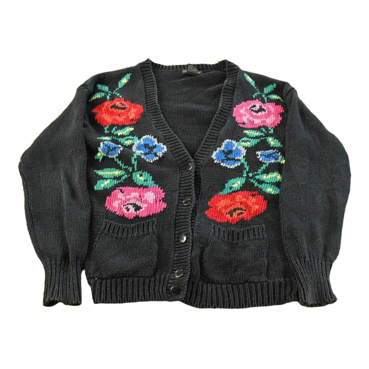 Vintage 1990s Counterparts Floral Design Knit Cardigan Sweater Women's M