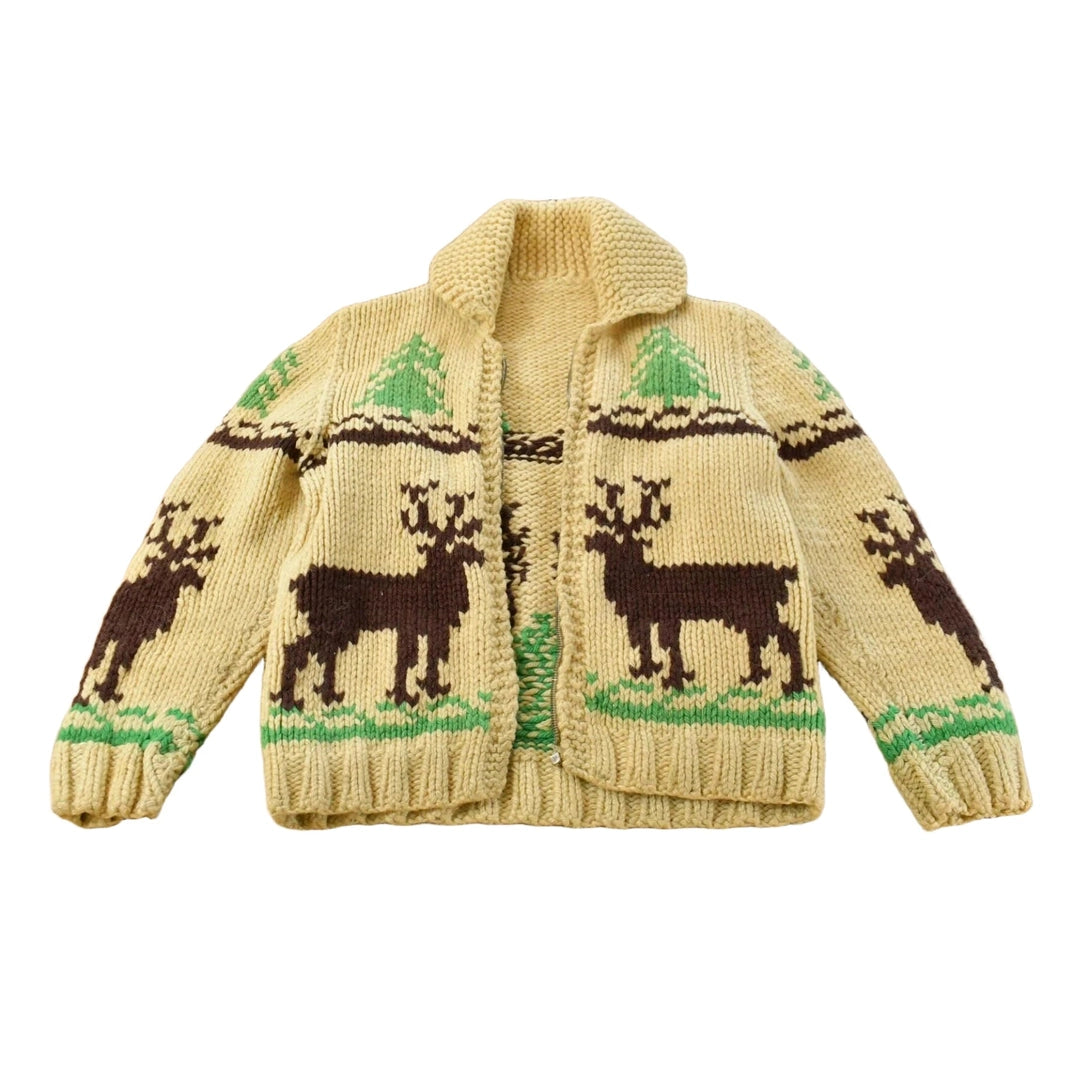 Vintage 1960s Cowichan Hand Knit Shawl Collar Full Zip Sweater Youth L