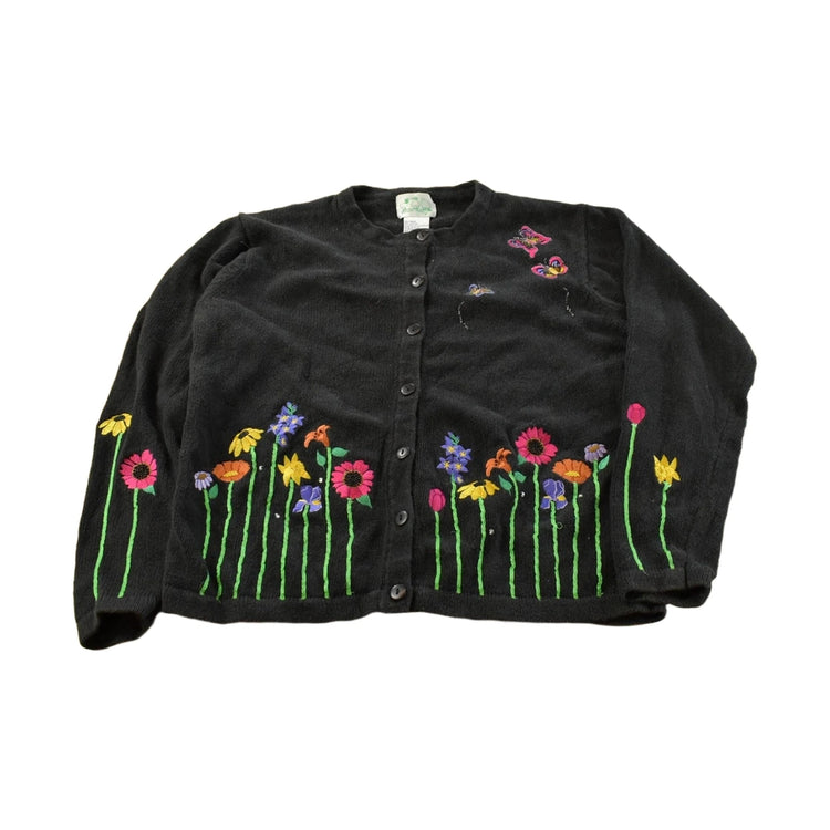 Vintage 1990s Quacker Factory Flowers Knit Cardigan Sweater Women's M