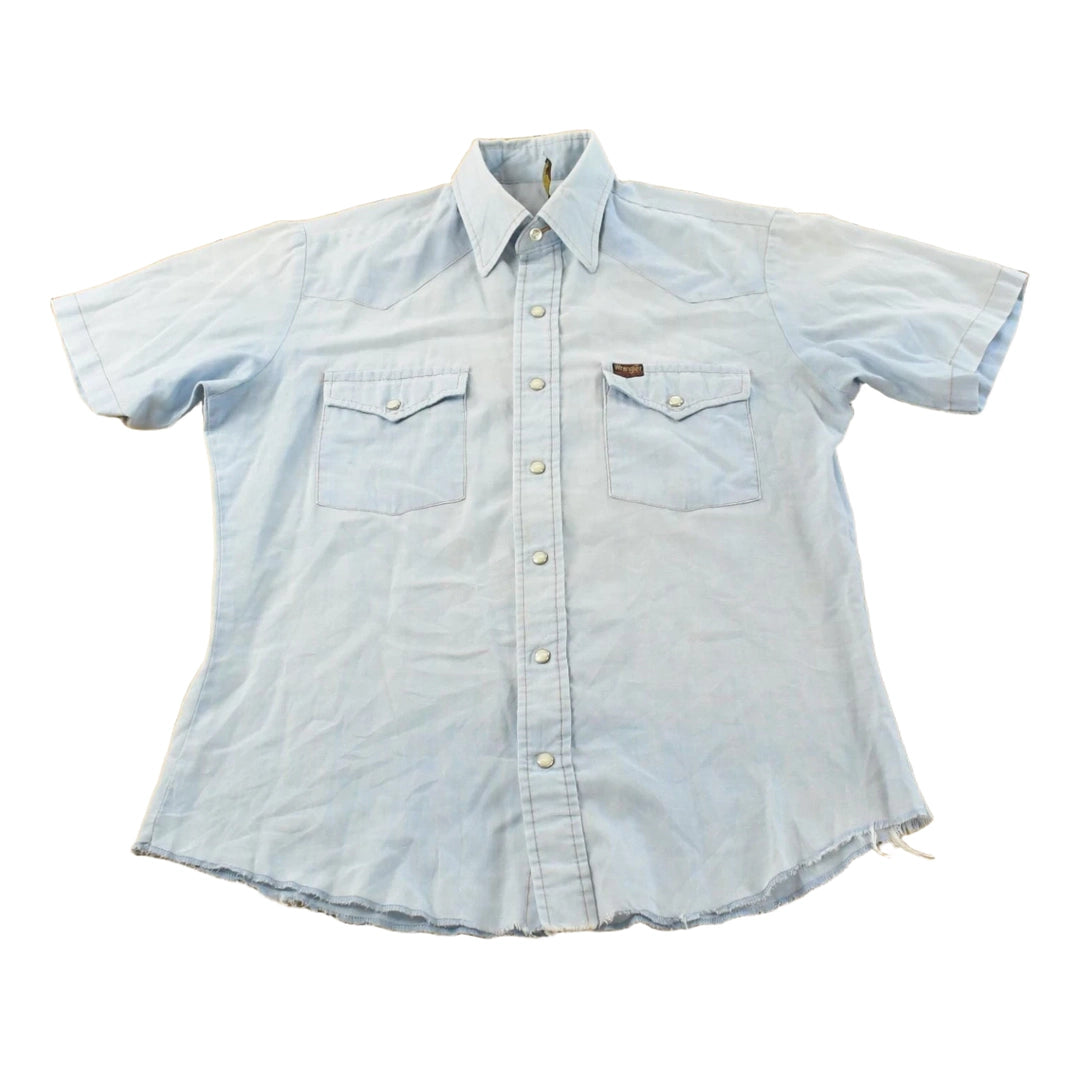 Vintage 1980s Wrangler Denim South Western Style Pearl Snap Button Up Chambray Short Sleeve Shirt Mens M