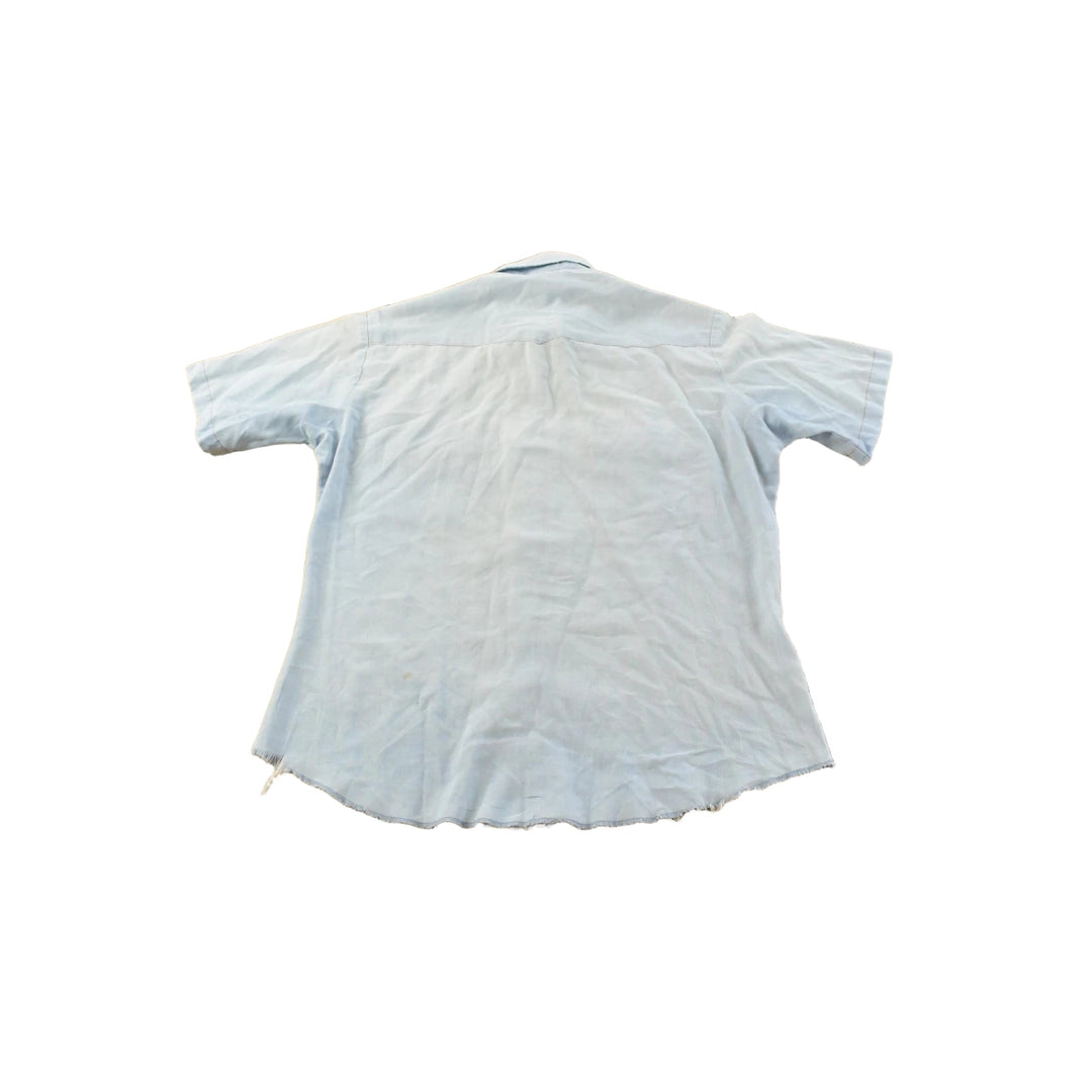 Vintage 1980s Wrangler Denim South Western Style Pearl Snap Button Up Chambray Short Sleeve Shirt Mens M