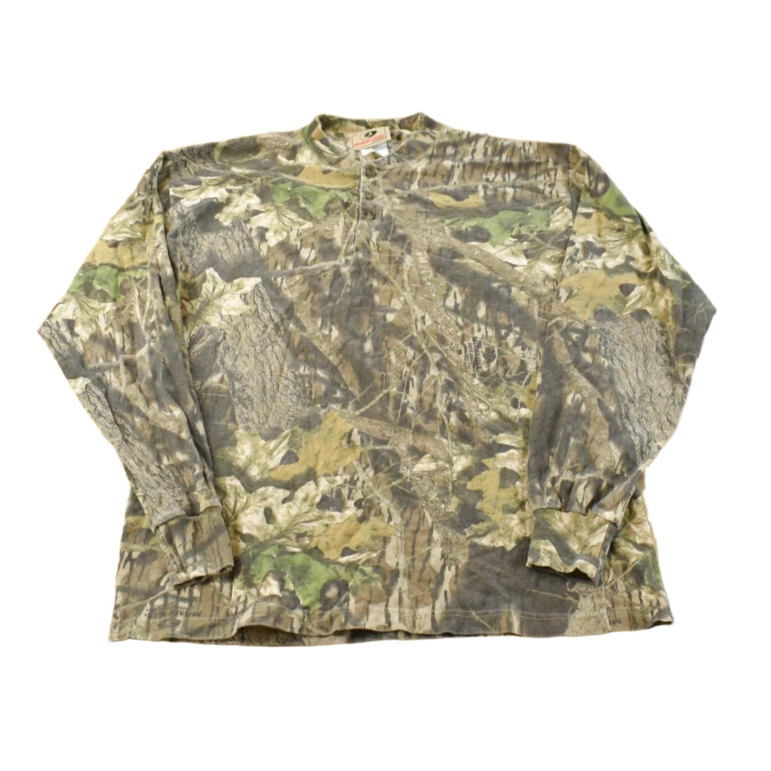 Vintage 1990s Mossy Oak Breakup Camo Collared Long Sleeve T-Shirt Men's L