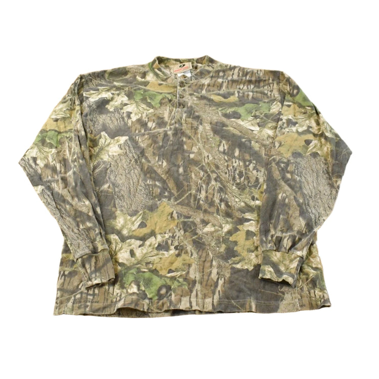 Vintage 1990s Mossy Oak Breakup Camo Collared Long Sleeve T-Shirt Men's L