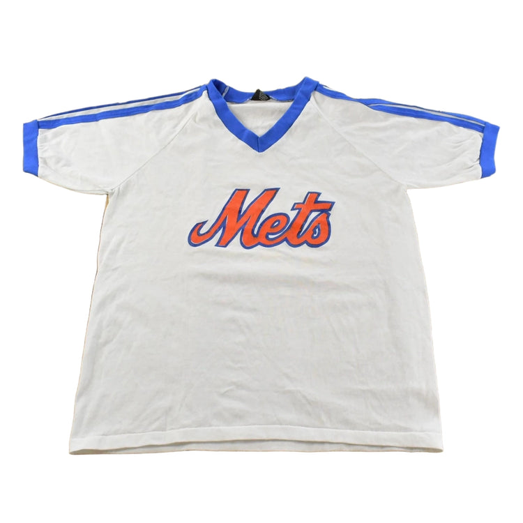 Vintage 1980s New York Mets MLB Baseball Graphic V Neck Jersey T-Shirt Men's M